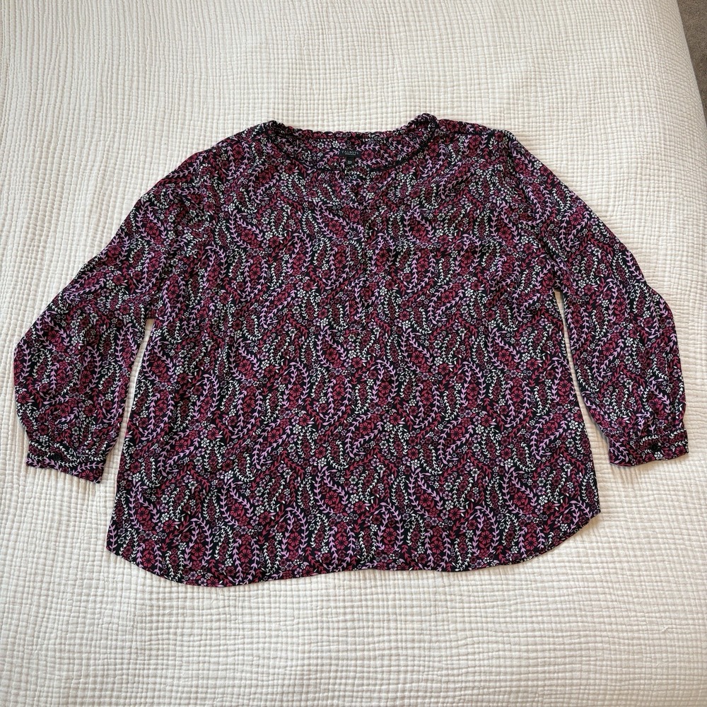 Talbots Floral Bracelet Sleeve Print Top 3Xp Blouse‎ Work Shirt Long Sleeve Work